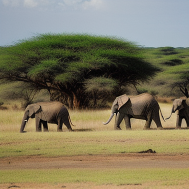 African safari with elephants grazing peacefully in the savannah