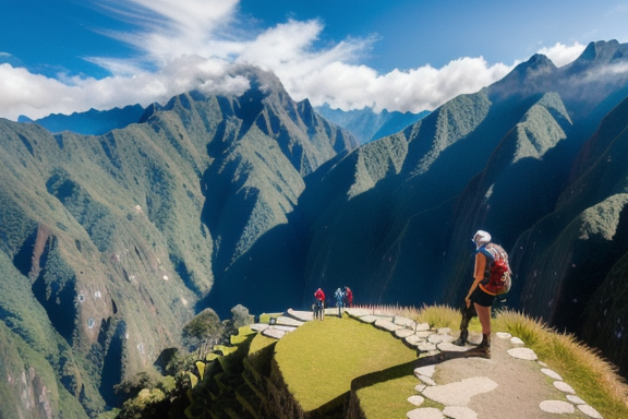 Hiker enjoying the breathtaking view of the surrounding mountains during a hike in Machu Picchu