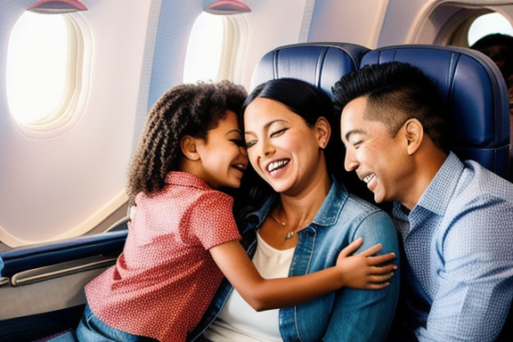 Happy family on an airplane