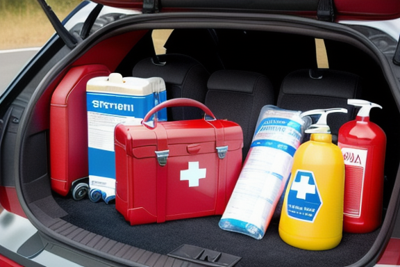 A car trunk with safety items