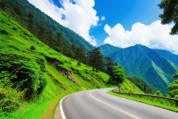 Scenic view of a winding road surrounded by lush green mountains and a clear blue sky