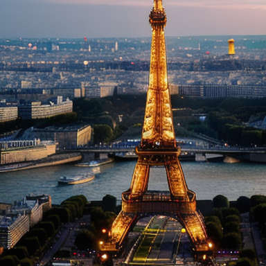 Aerial view of the Eiffel Tower in Paris at sunset