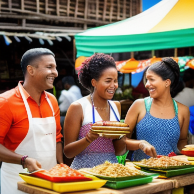 Group of friends enjoying local dishes at a food market