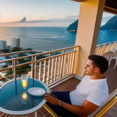 Casal apreciando o pôr do sol em uma varanda com vista para a praia